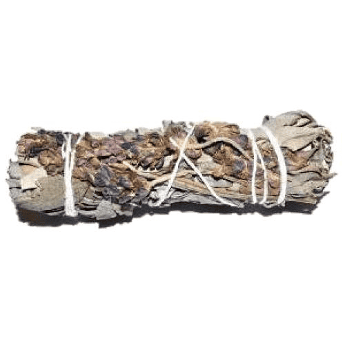 White sage and lavender smudge stick bundle tied with white string