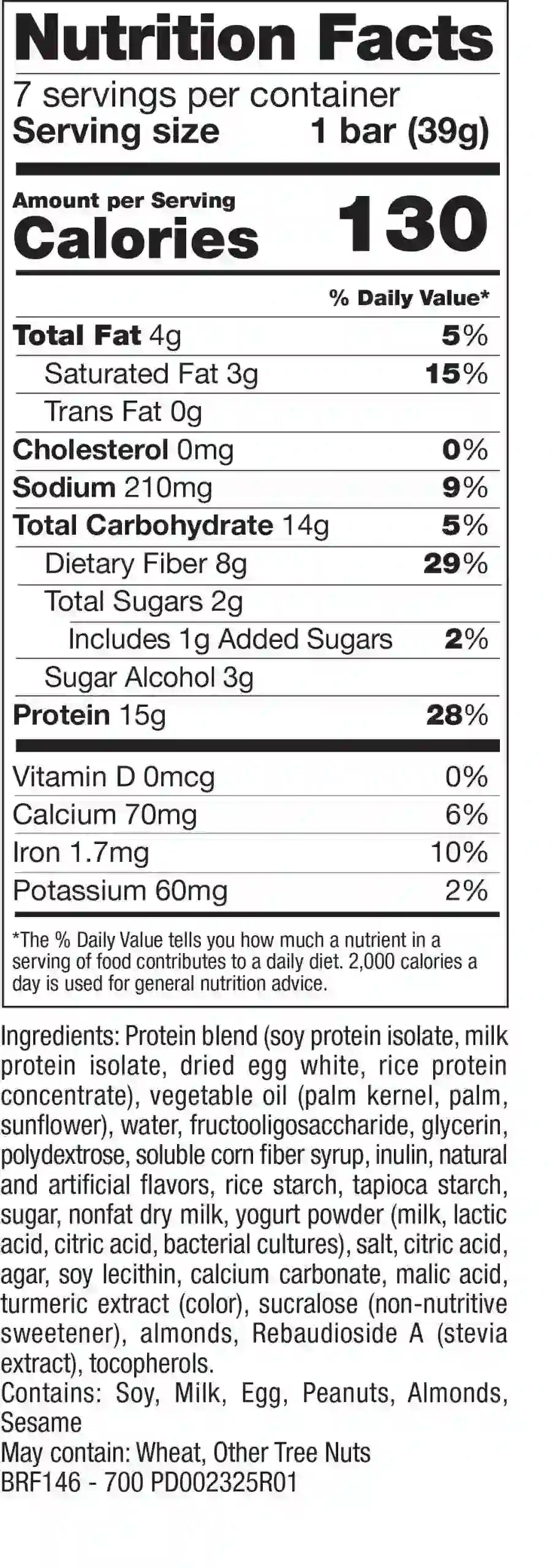 Nutrition facts label for a bar with serving size, calories, and detailed nutritional information.