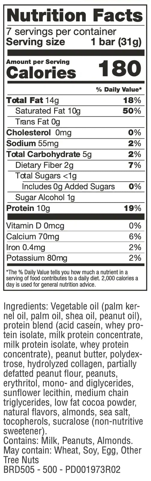 Nutrition facts label for a bar product with serving size, calories, and ingredient list.
