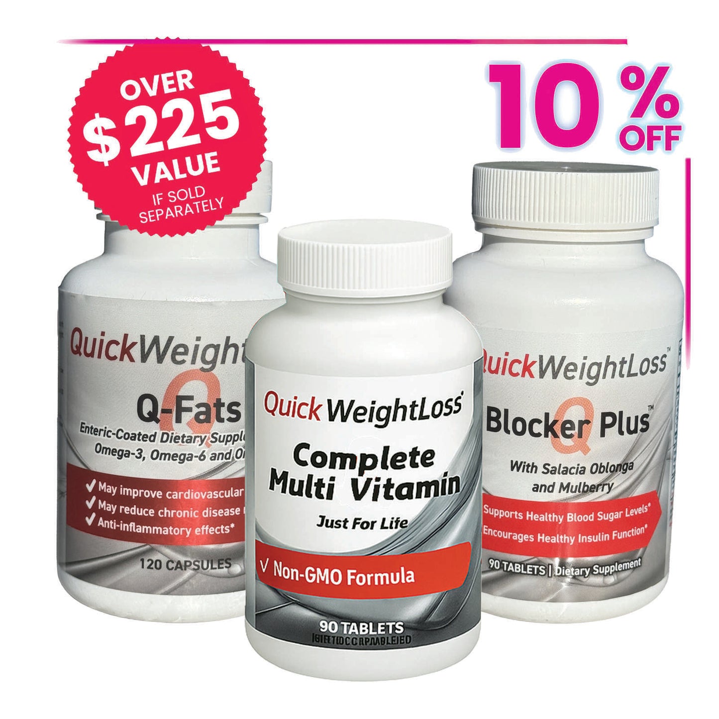 Three supplement bottles for Q-Fats, Complete Multi Vitamin, and Blocker Plus.