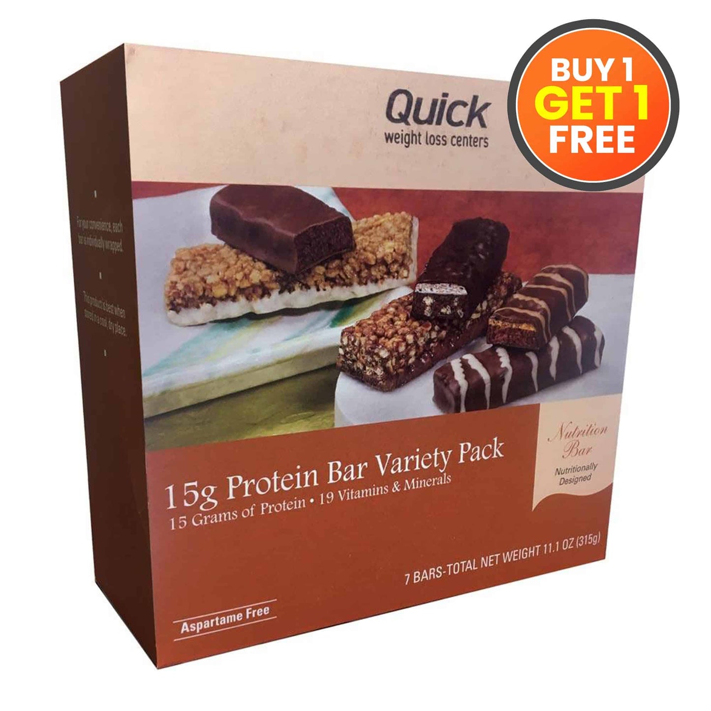 Box of Quick weight loss centers protein bars with a 'Buy 1 Get 1 Free' offer.