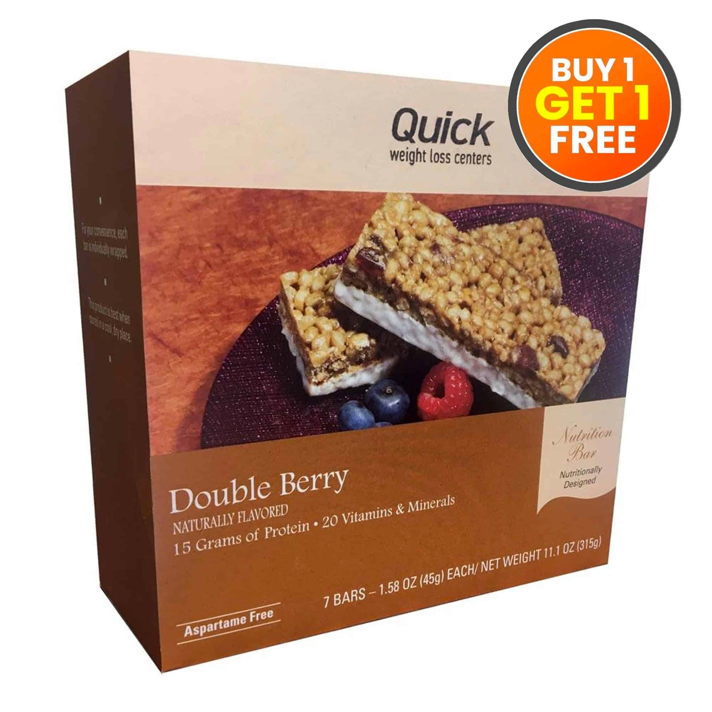 Box of Quick Double Berry protein bars with a 'Buy 1 Get 1 Free' offer.