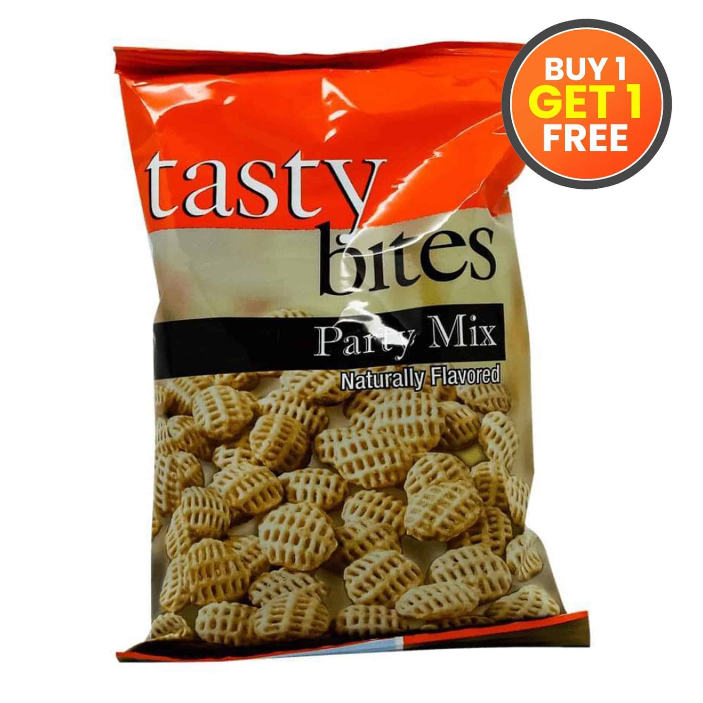 Packaging of 'tasty bites' party mix with a 'Buy 1 Get 1 Free' offer.