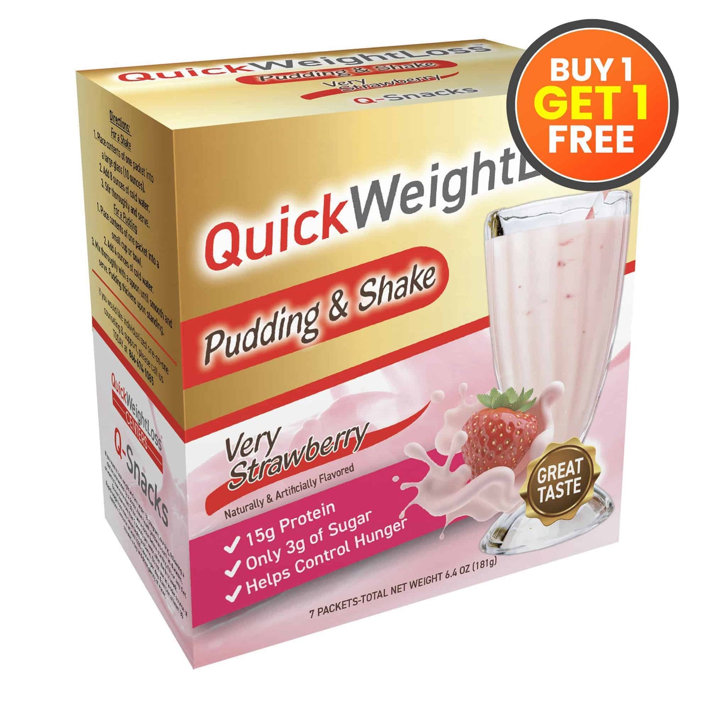 Quick Weight Pudding & Shake Very Strawberry flavor packaging with a 'Buy 1 Get 1 Free' offer.