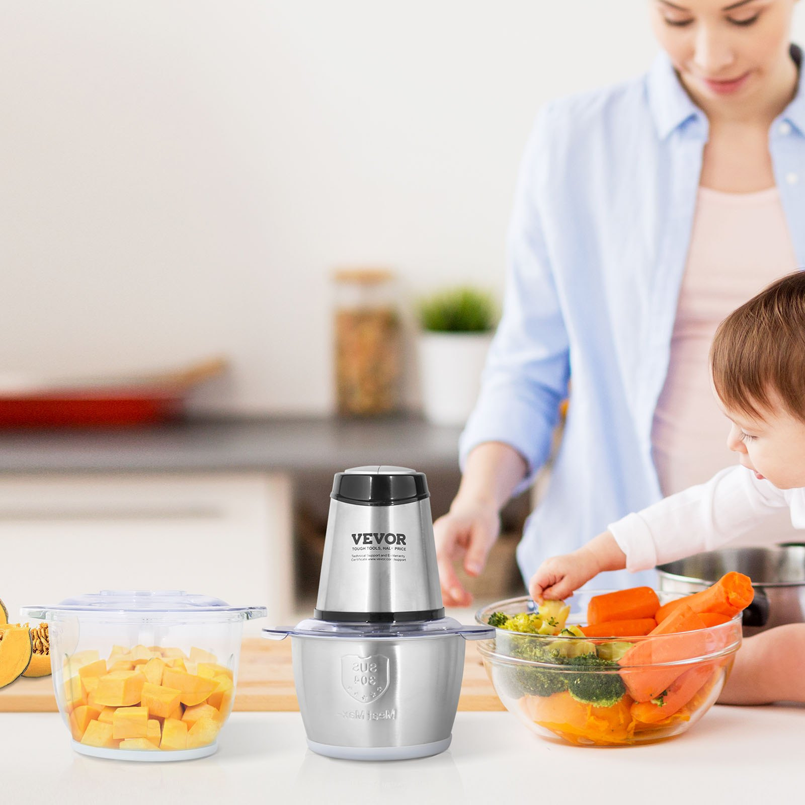 VEVOR Food Processor, Electric Meat Grinder with 4 Stainless Steel Blades,  400W Electric Food Chopper, 5 Cup Glass Bowl, 2 Speeds Food Grinder for  Baby Food, Meat, Onion, Vegetables